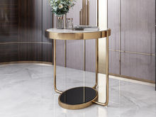 梵迪 边几 轻奢 大理石+不锈钢镀铜+木皮拼花+钢琴烤漆