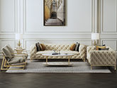 尼博家具 1+2+3组合沙发 高密度板+实木+高弹海棉+接触面为超纤皮非接触面为仿皮+不锈钢五金电镀钛金 现代风格,美式风格,设计品牌 米黄色
