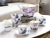 简约北欧11头蓝色大理石纹陶瓷咖啡具套装