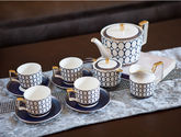 北欧现代轻奢11头蓝色圆圈图案陶瓷咖啡具套装