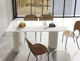 云端 奶油风 实木线条脚+实木多层板底板+哑光雪山石岩板 白色 1.4米餐桌
