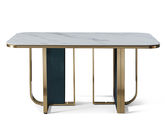 拜洛迪 轻奢 装饰皮革+拉丝香槟金不锈钢+磨砂岩板 1.6米餐桌