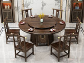 墨槿 新中式 小乌金+实木多层板 乌金色 1.3米实木圆餐桌带转盘