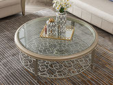 艾美侈 美式 进口榉木+镂空金属层架+玻璃 香滨银 1.215米圆形咖啡桌茶几