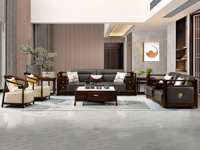 美檀家居 新中式 进口黑檀木+仿真皮+高回弹海绵+多层实木板+电镀五金 图片色 休闲椅+休闲椅+双人位+三人位 沙发