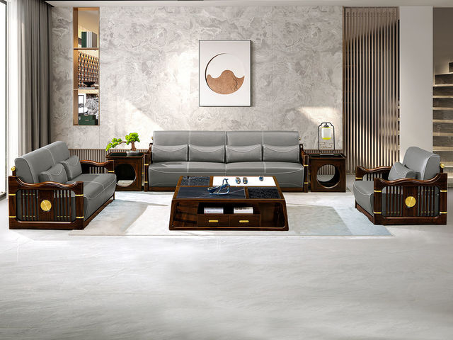 美檀家居 新中式 进口黑檀木+仿真皮+高回弹海绵+多层实木板+电镀五金 黑檀色 1+2+4 沙发