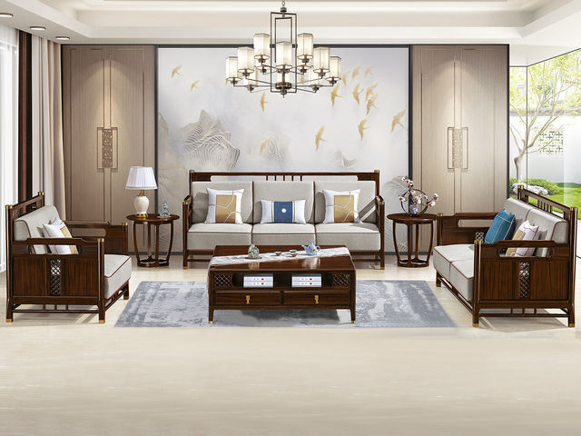 美檀家居 新中式 进口黑檀木+布艺+高回弹海绵+多层实木板+电镀五金 图片色 1+2+3 沙发