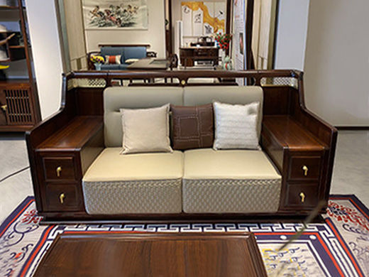 美檀家居 新中式 进口黑檀木+仿真皮+高回弹海绵+多层实木板+电镀五金 黑檀色 三人位 2.7米沙发