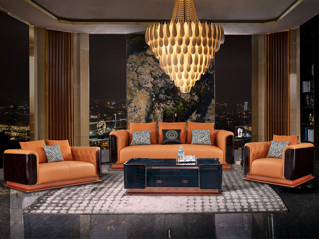 拉斐尔 轻奢 木纹木皮+多层实木板弯板+全实木内架+接触面头层牛皮真皮+仿真皮 1+2+3 沙发