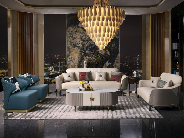 拉斐尔 轻奢 木纹木皮+多层实木板弯板+全实木内架+电镀五金+接触面头层牛皮真皮+仿真皮 休*1+2+3 沙发