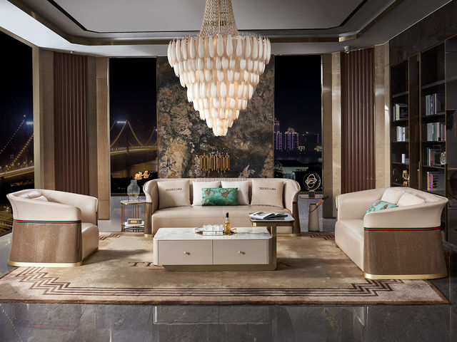 拉斐尔 轻奢 木纹木皮+多层实木板弯板+全实木内架+电镀五金+接触面头层牛皮真皮+仿真皮 1+2+3 沙发