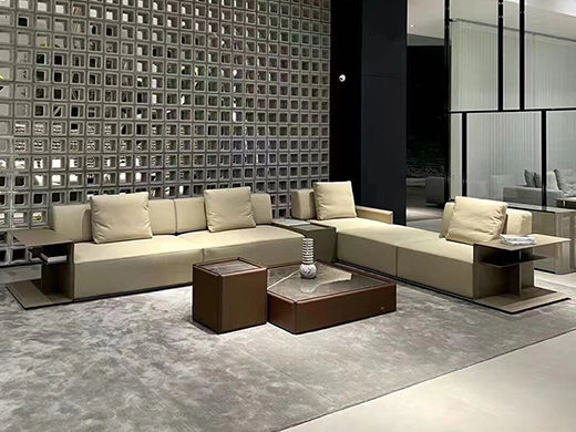 非凡工艺 现代简约 水母沙发 网红 接触面头层牛皮+框架落叶松木+多层实木夹板 组合G:边柜+单+单+中柜+左贵妃+单+边柜 4.08米沙发