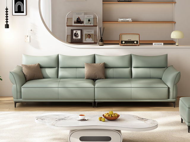 A系优选 极简 生态真皮+仿皮+多层实木板+实木内架+高回弹海绵+碳素钢五金 青色 大四位 3.28米 沙发