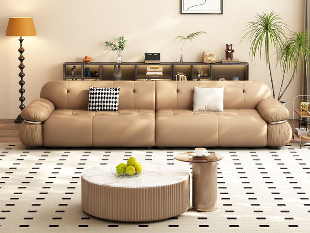 中古·尚 极简 生态真皮+仿皮+多层实木板+实木内架+高回弹海绵+实木5分脚 卡其色 大四位 3.24米沙发