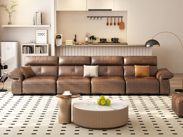 非凡工艺 现代简约 生态真皮+仿皮+多层实木板+实木内架+高回弹海绵+实木5分脚 棕咖色 大四位 3.6米沙发