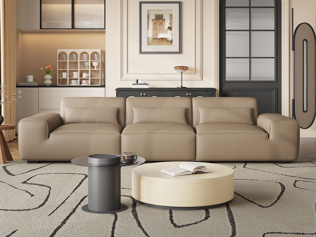 B系优选 极简 生态真皮+仿皮+多层实木板+实木内架+高回弹海绵+实木5分脚 奶咖色 直排大四位 3.66米沙发