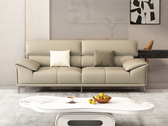 非凡工艺 现代简约 生态真皮+全实木内架+多层实木板+高回弹海绵+15分碳素钢五金脚 米白 皮艺沙发（2.2米三位）+脚踏坐凳