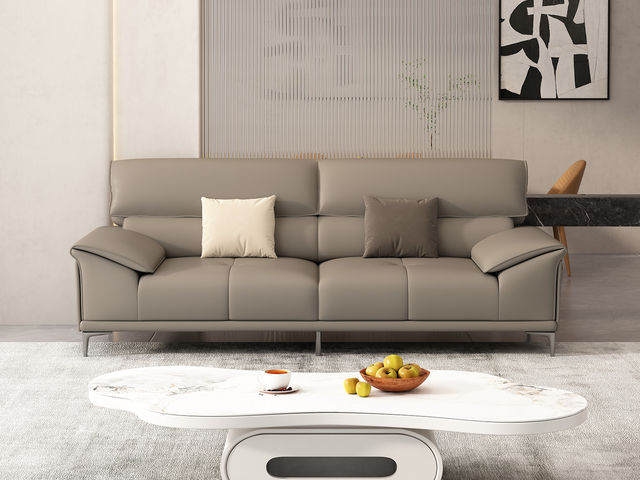 非凡工艺 现代简约 生态真皮+全实木内架+多层实木板+高回弹海绵+15分碳素钢五金脚 暖灰 皮艺沙发（2.2米三位）+脚踏