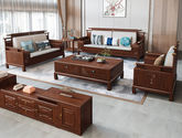 风华绝代 新中式 印尼金花梨木框架+多层实木板贴皮+布艺 紫檀色 1+2+3+茶几+边几+电视柜（六件套） 沙发组合