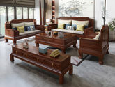风华绝代 新中式 印尼金花梨木框架+多层实木板贴皮+布艺 紫檀色 1+2+3+茶几+边几+电视柜（六件套） 沙发组合