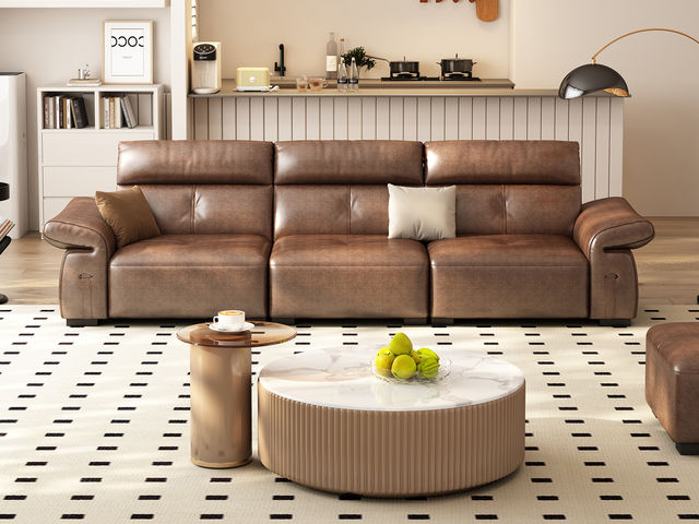 非凡工艺 极简 生态真皮+仿皮+多层实木板+实木内架+高回弹海绵+实木5分脚 棕咖色 直排四位 2.85米沙发