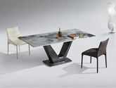 甄品家具 轻奢 桌面：水墨烟华彩晶石+底板脚架：不锈钢黑钛 1.4米餐桌