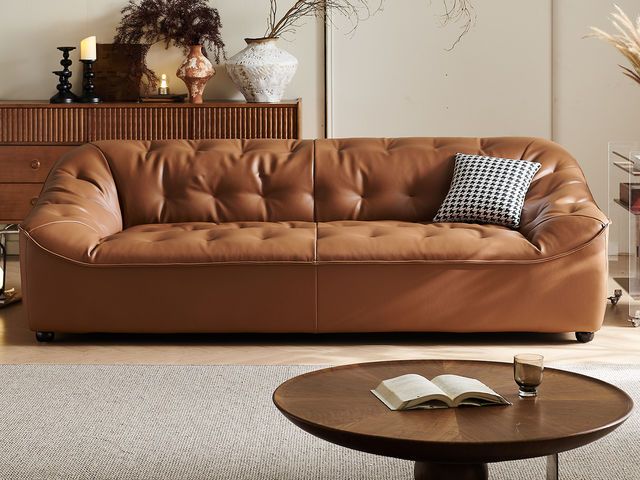 中古·尚 网红 中古风 全实木内架+多层实木板+生态真皮+仿真皮+高回弹海绵+电镀五金 四人位 2.7米沙发