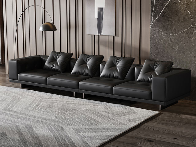 Minttu明途 极简 落叶松木+多层实木板+接触面头层真皮+仿真皮+电镀不锈钢五金脚（4个座包） 网红 迪兰 大四人位 3.47米沙发