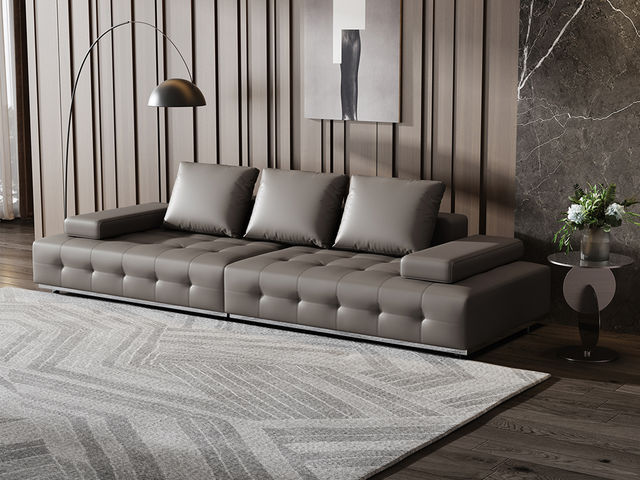 Minttu明途 极简 落叶松木+多层实木板+接触面头层真皮+仿真皮+电镀不锈钢五金脚 网红 劳伦斯 大四人位 3.36米沙发