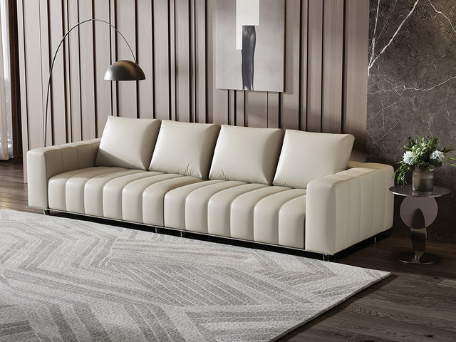 Minttu明途 极简 落叶松木+多层实木板+接触面头层真皮+仿真皮+电镀不锈钢五金脚 网红 钢琴健 大四人位 3.2米沙发