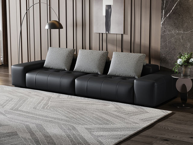 Minttu明途 极简 落叶松木+多层实木板+接触面头层真皮+仿真皮+布艺+碳素钢五金脚 网红 像素沙发 大四人位 3.2米沙发