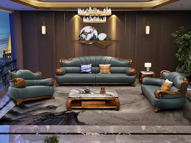 归鹊 新中式 松木内架+高回弹海绵+进口非洲喀麦隆乌金木+头层真皮 单人位+双人位+四人位 组合沙发