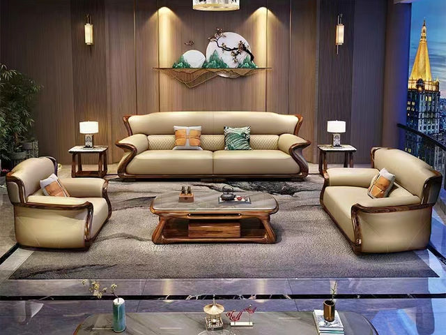 归鹊 新中式 松木内架+高回弹海绵+进口非洲喀麦隆乌金木+头层真皮 单人位+双人位+四人位 组合沙发