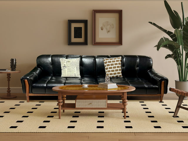 中古·森 网红 中古风 进口樱桃木+多层实木板+蛇形弹簧+全实木框架+仿真皮+高回弹海绵 直排2.8米沙发