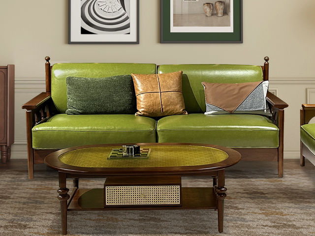 中古·森 网红 中古风 进口樱桃木+多层实木板+蛇形弹簧+全实木框架+仿真皮+高回弹海绵 三人位 2.19米沙发