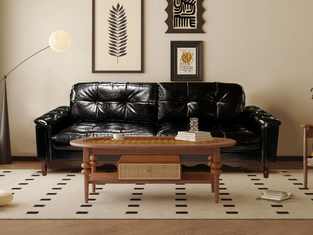 中古·森 网红 中古风 进口樱桃木+多层实木板+蛇形弹簧+全实木框架+仿真皮+高回弹海绵 直排2.6米沙发