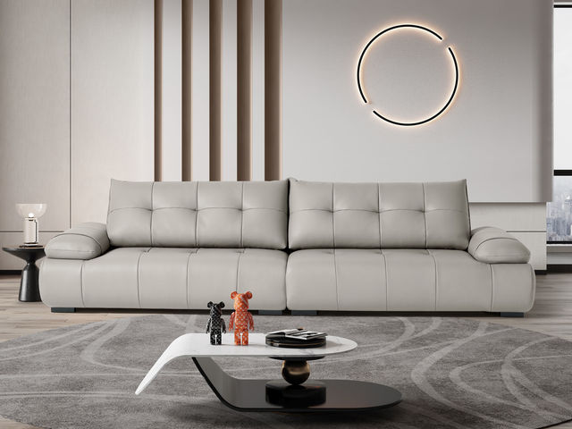 【套餐专享价】每屋优享系列 现代简约 进口全实木抛光落叶松+金刚弹簧网+接触面生态真皮+非接触面仿皮+45度高回弹海绵（靠包抱枕）公仔棉+超级加宽松紧带+木脚 3.08米 沙发