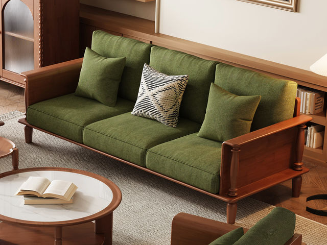 木作中古 中古风 橡胶木+科技布 三人位 2.36米沙发