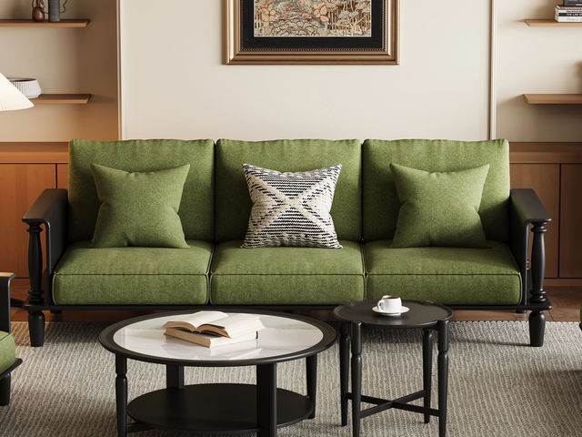 木作中古 中古风 橡胶木+科技布 三人位 2.36米沙发