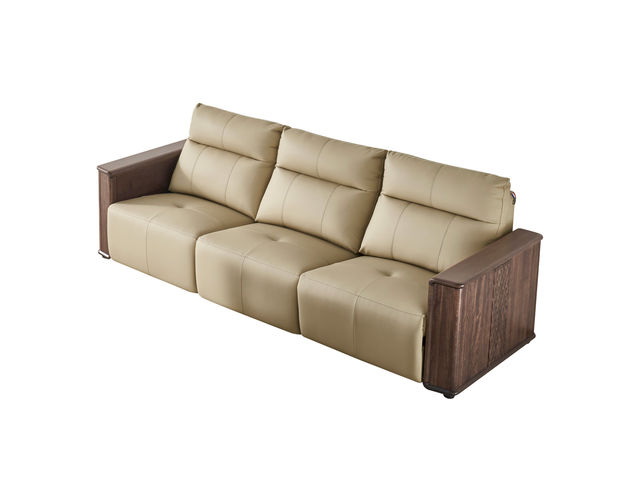 匠心 中式 榄仁木+实木多层板米25生态皮 三人位 2.6米沙发