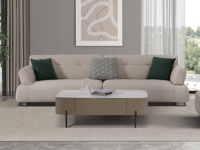 皇朝家居 现代极简 生态真皮+双面刨桉木方+桉木夹板+高回弹海绵+Φ4.0拱簧+五金脚 四人位 3.03米沙发