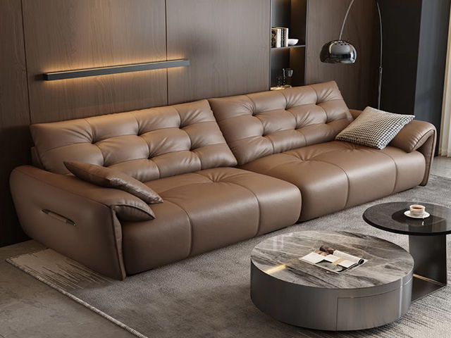 【套餐专享价】每屋优享系列 极简 优质生态真皮+ 实木框架+电镀蛇簧+高密度海绵 2.7米 四人位沙发