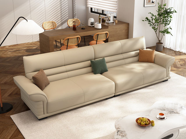 A系优选 极简，极简 生态真皮+仿皮+多层实木板+实木内架+高回弹海绵+实木5分脚 米黄色 大四位 3.44米沙发