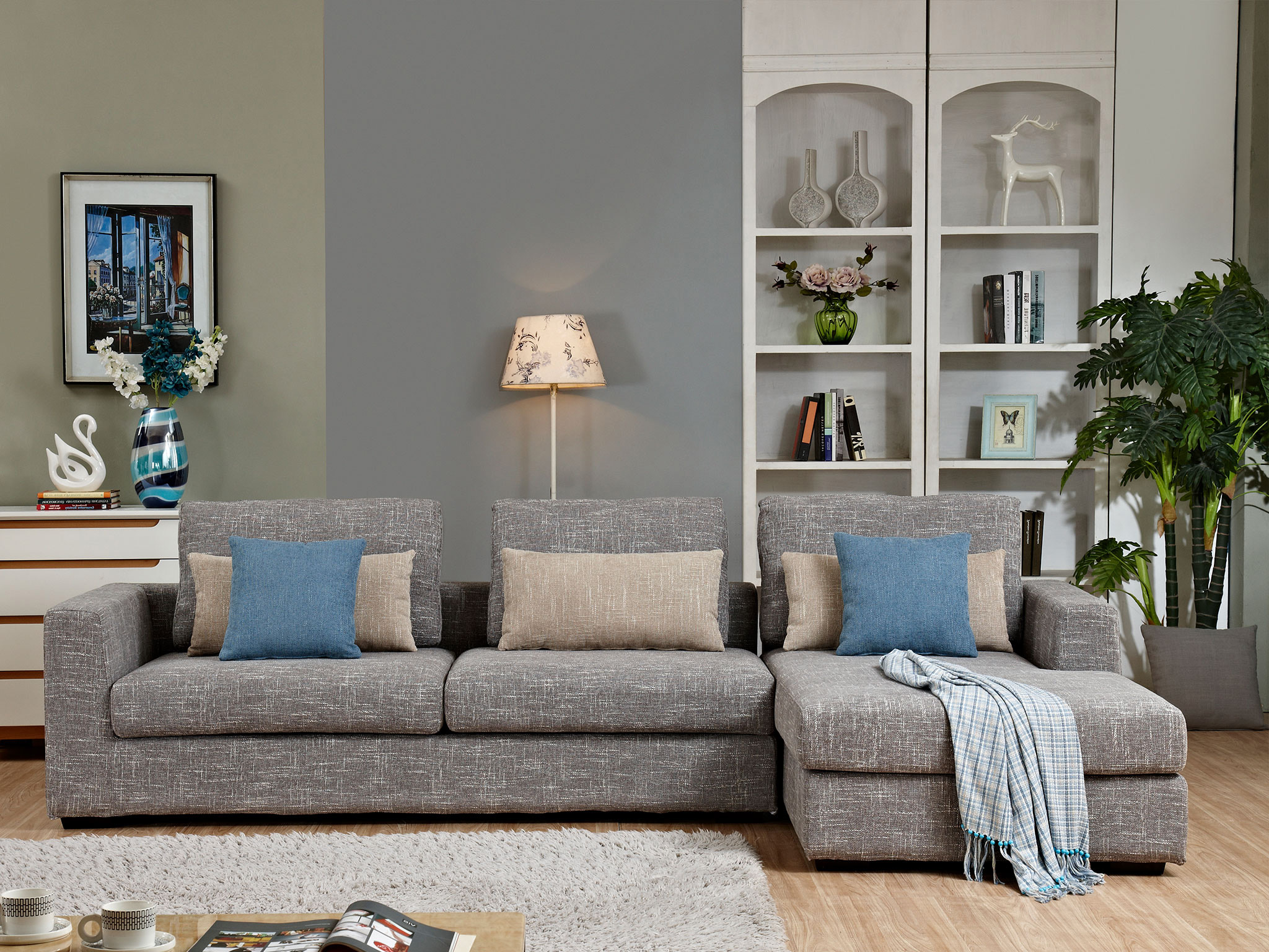 防螨透气麻布面料 实木框架 现代风格转角沙发组合(灰色3 左贵妃)