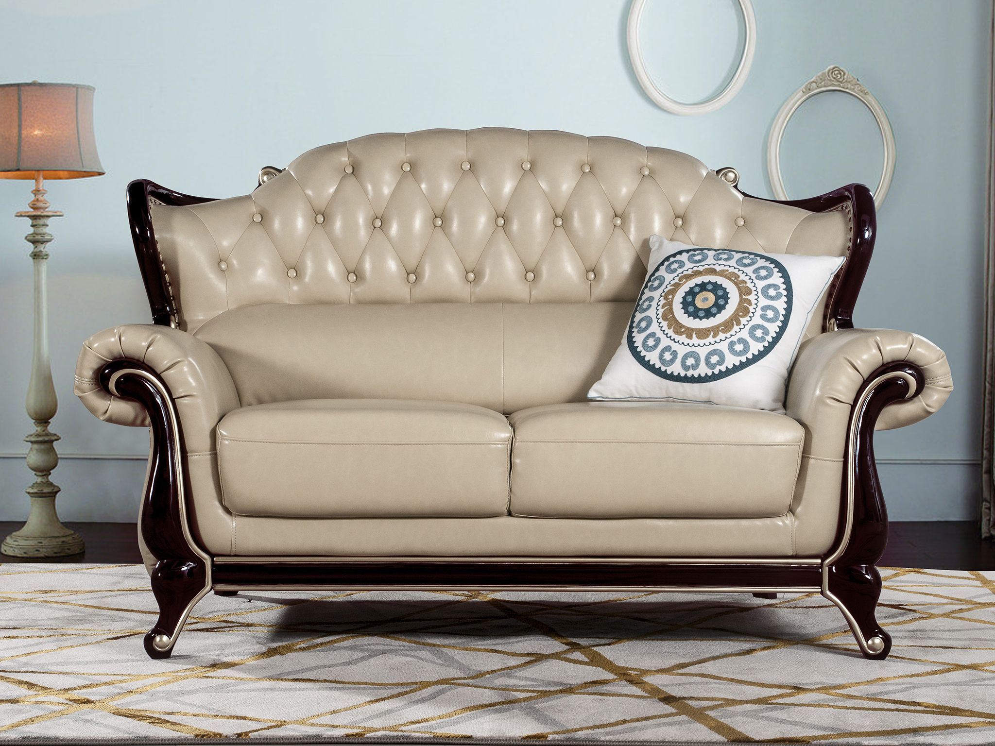 【沙发】新古典欧洲桦木实木框架优质超纤皮高亮光黑檀色腰位设计坐感