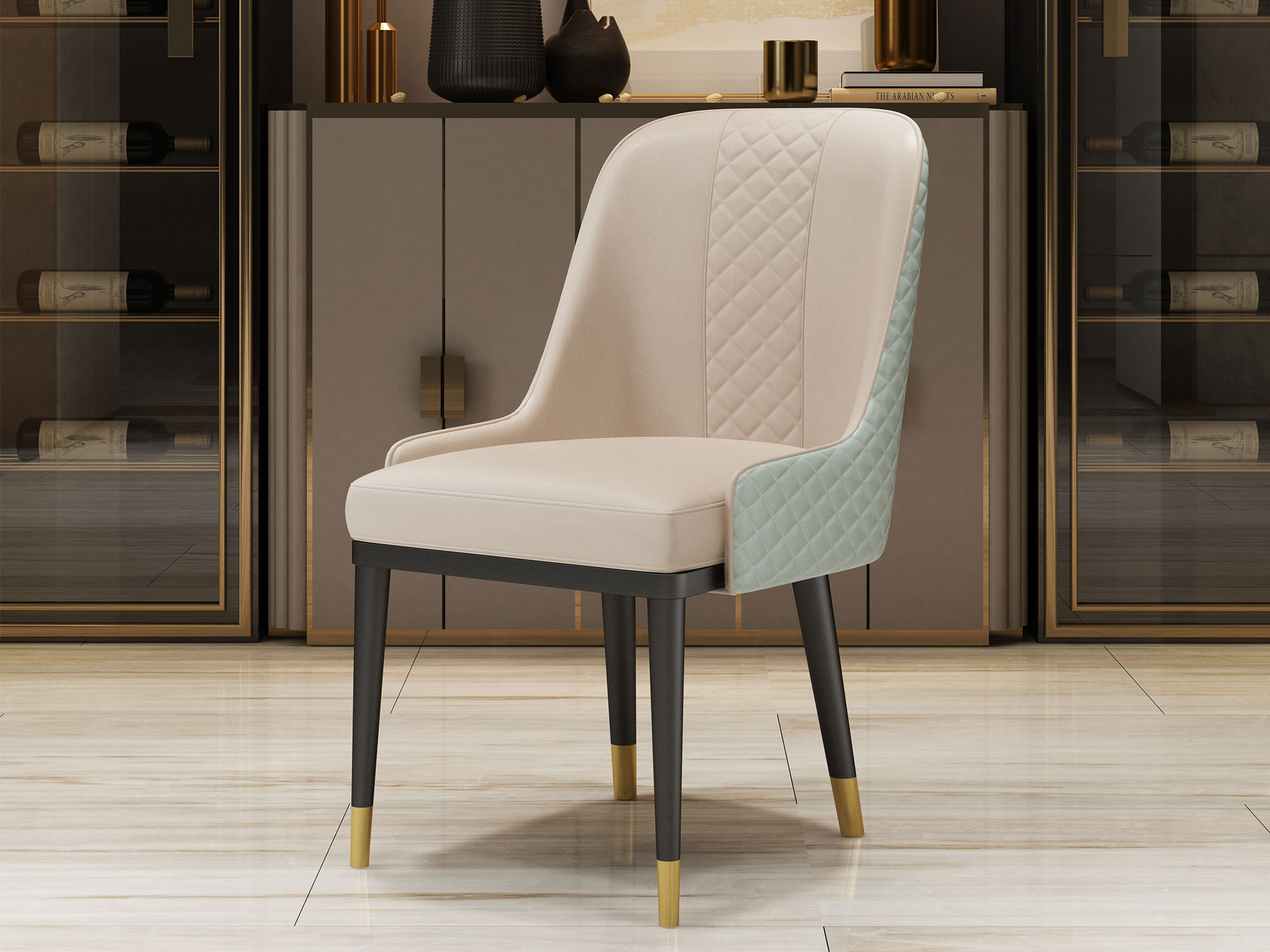 【纳德威】现代轻奢风格 皮艺餐椅 菱形压纹 白蜡木脚 进口优质pu皮