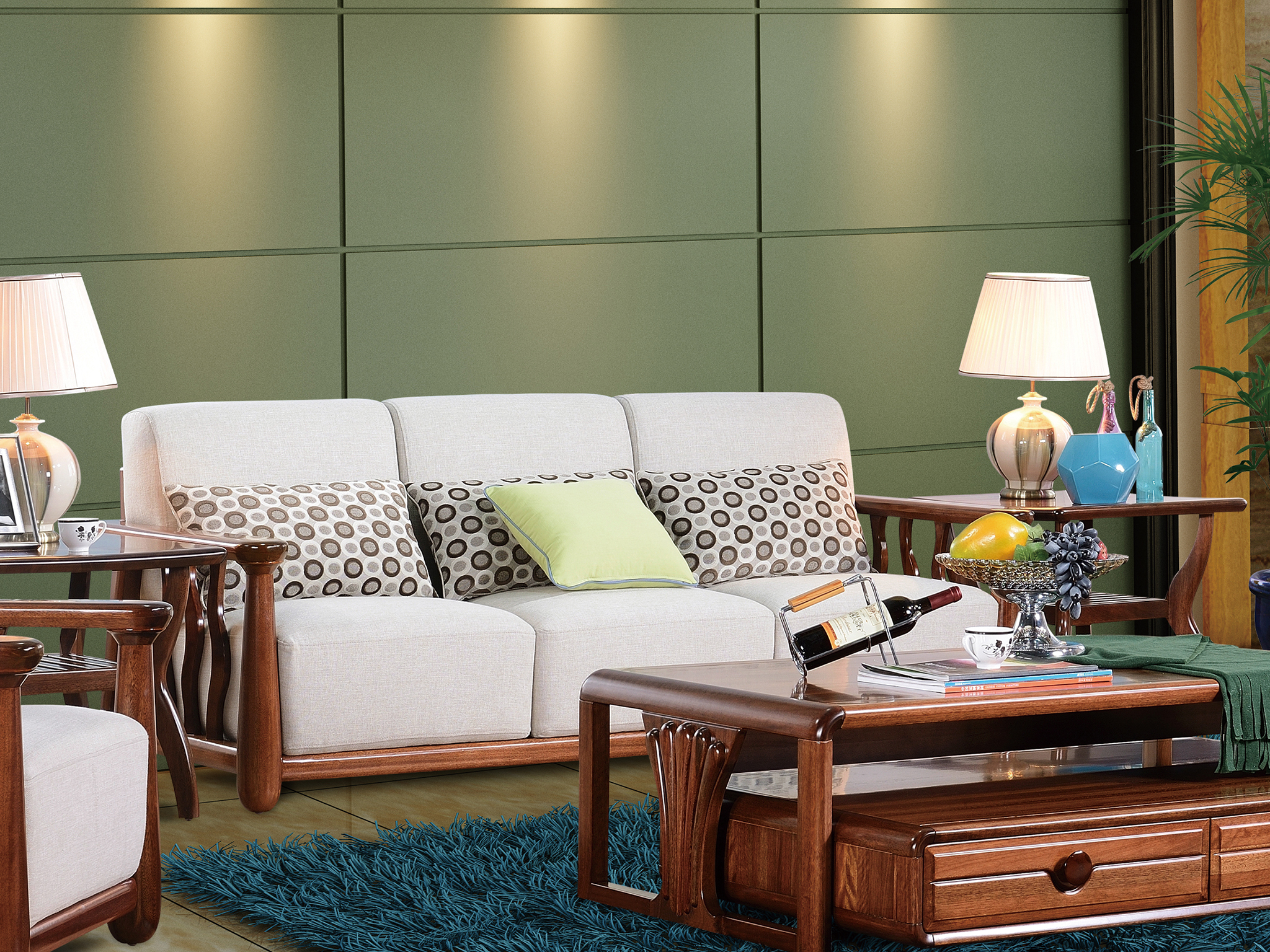 欧工.邑原尚品 三人沙发 新德式 金丝檀木 红心杨木 松木 棉麻布