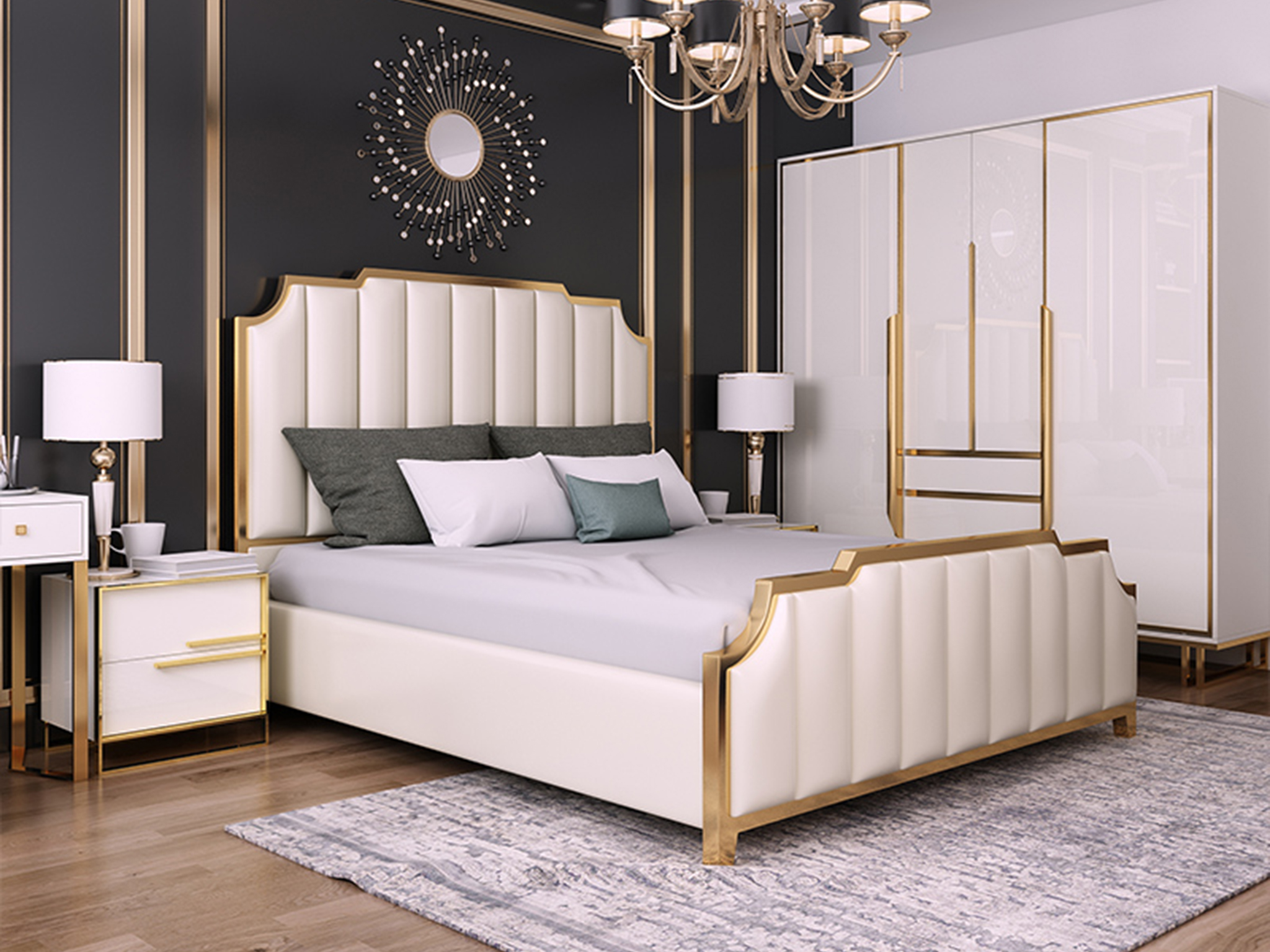 磐匠 港式轻奢真皮床后现代简约主卧双人美式样板间不锈钢镀金皮艺床